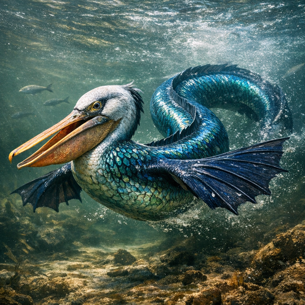 Elican, an AI-generated hybrid of Eel and Pelican