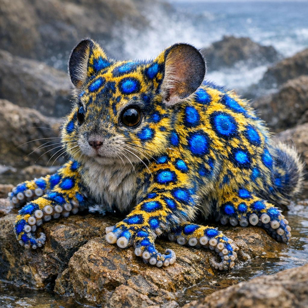 Chinchillopus, an AI-generated hybrid of blue ring octopus and Chinchilla