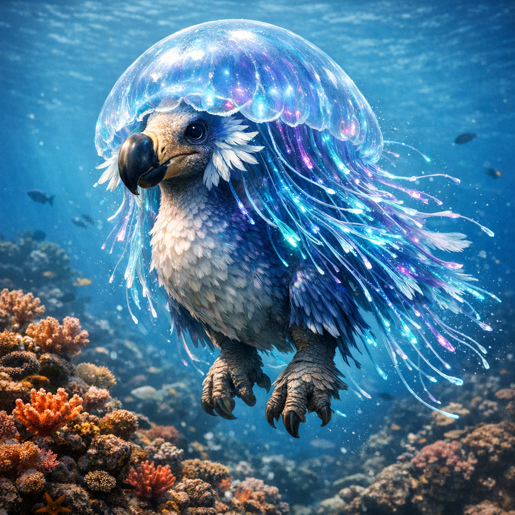 Jellododo, an AI-generated hybrid of Jellyfish and Dodo