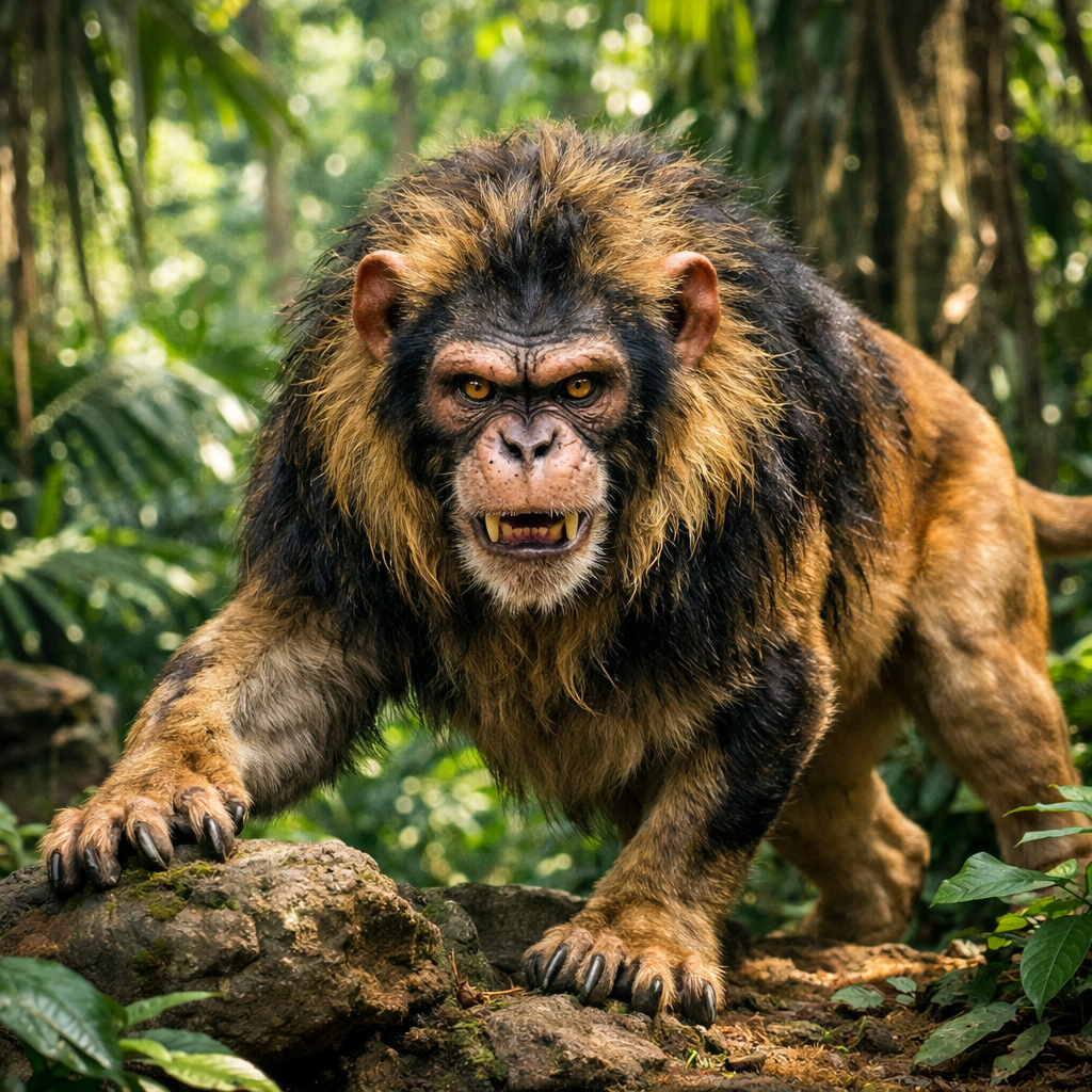 Chimpanlion, an AI-generated hybrid of Chimpanzee and Lion