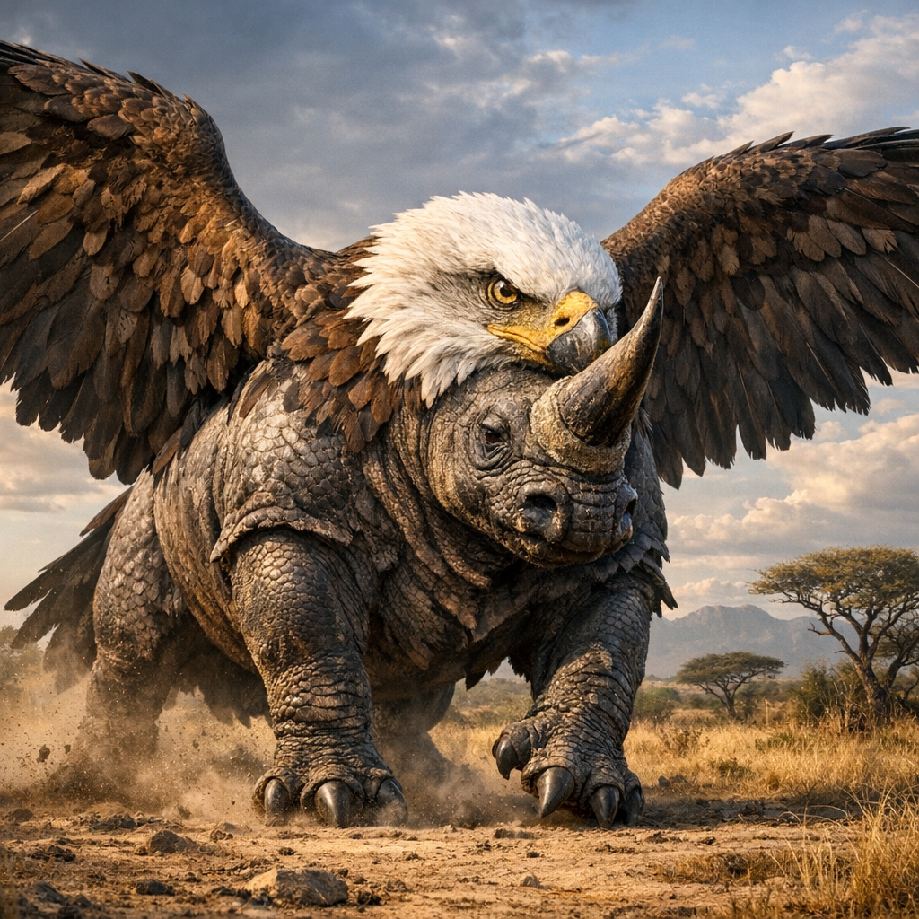 Eaglerhino, an AI-generated hybrid of Eagle and Rhinoceros