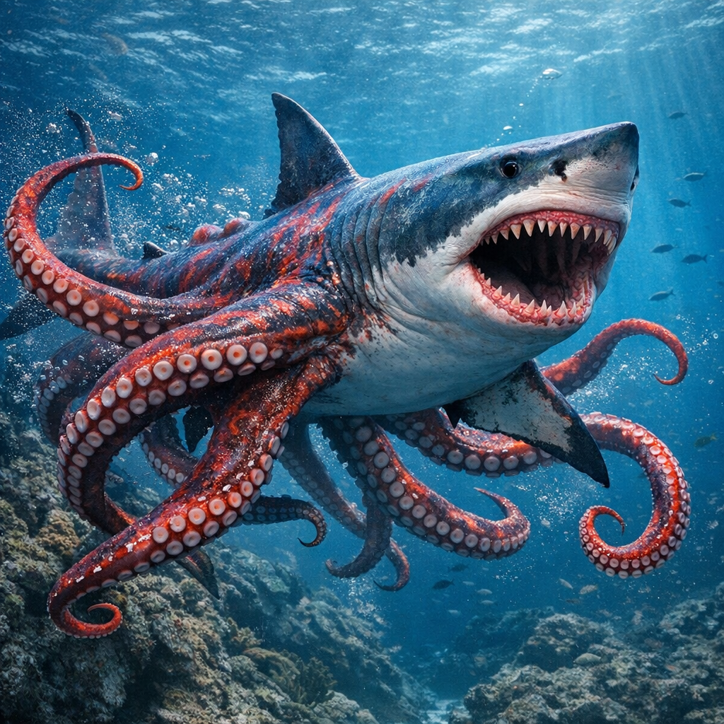 Octoshark, an AI-generated hybrid of great white shark and Octopus