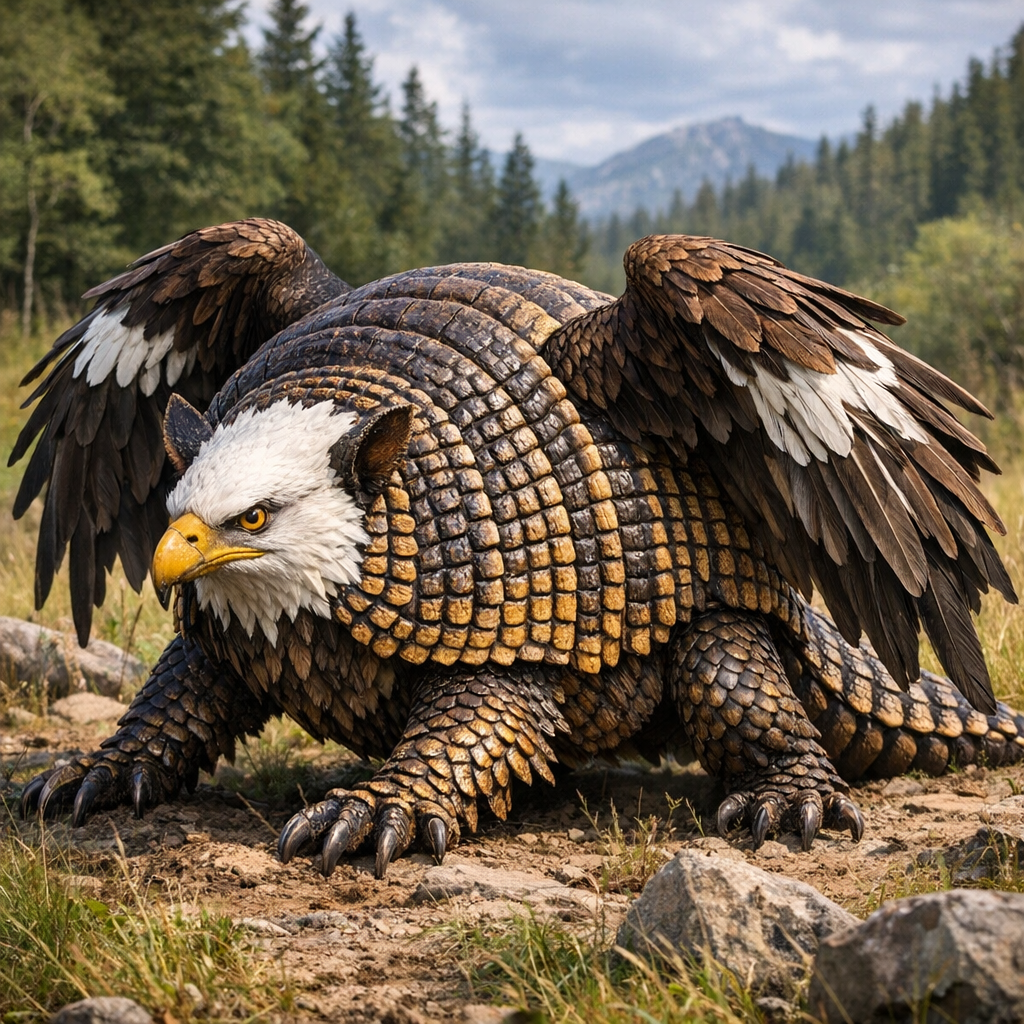 Eaglidillo, an AI-generated hybrid of Armadillo and Bald Eagle