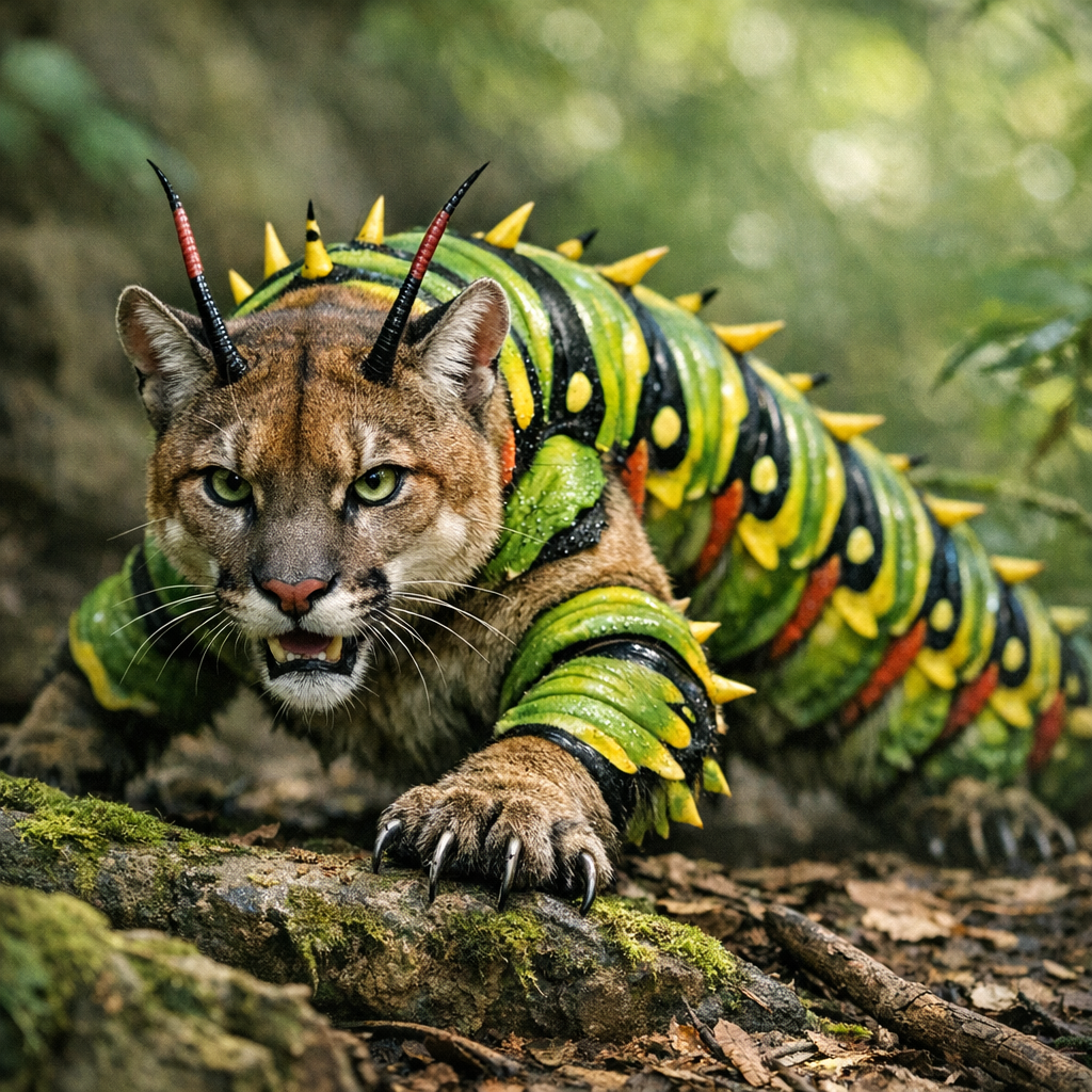 Cougillar, an AI-generated hybrid of Cougar and Caterpillar