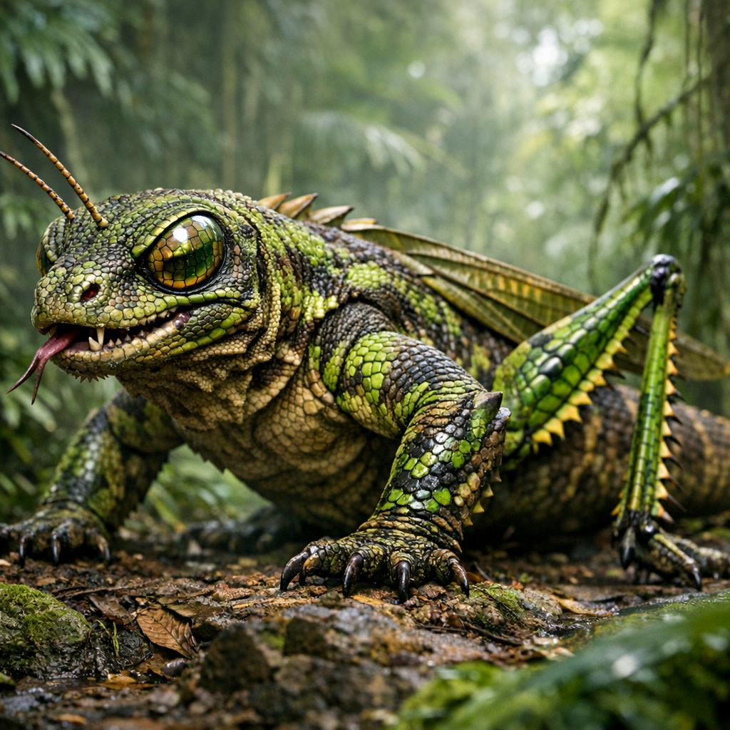 Komograsher, an AI-generated hybrid of Komodo Dragon and Grasshopper