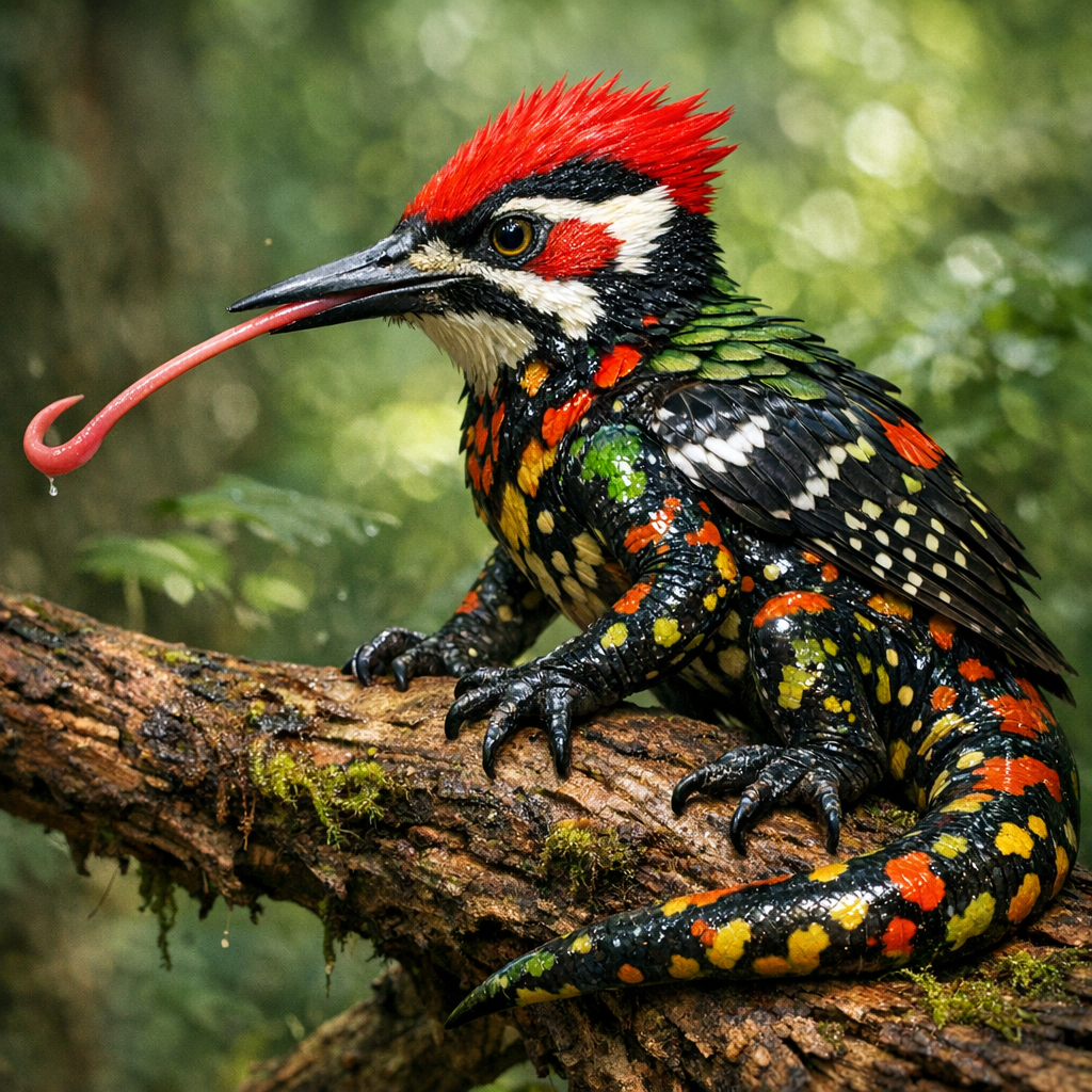 Woodamander, an AI-generated hybrid of Woodpecker and Salamander