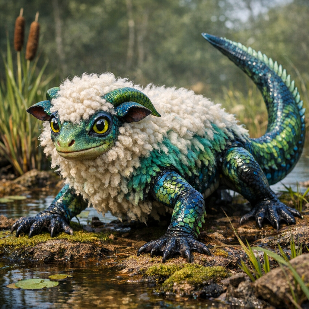 Sheepamander, an AI-generated hybrid of Sheep and Salamander