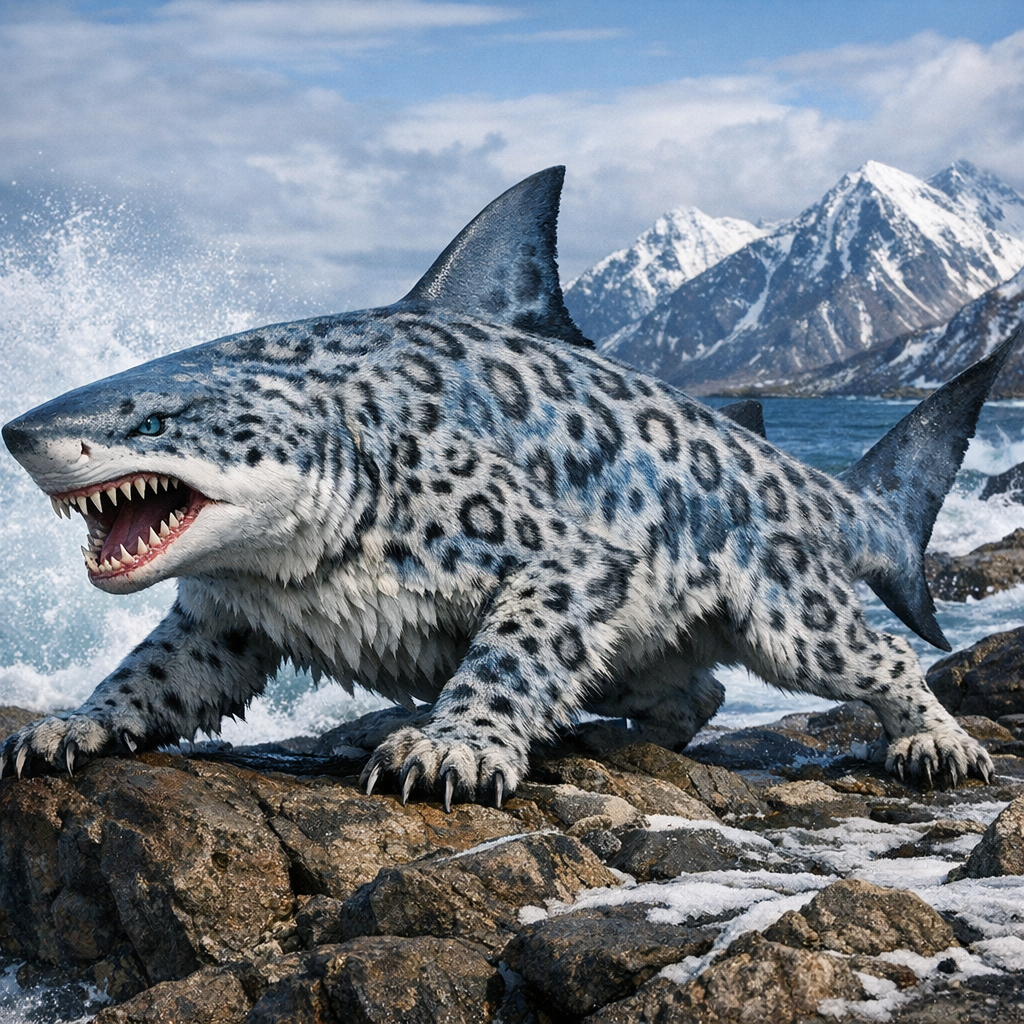 Sharkleopard, an AI-generated hybrid of Shark and snow leopard
