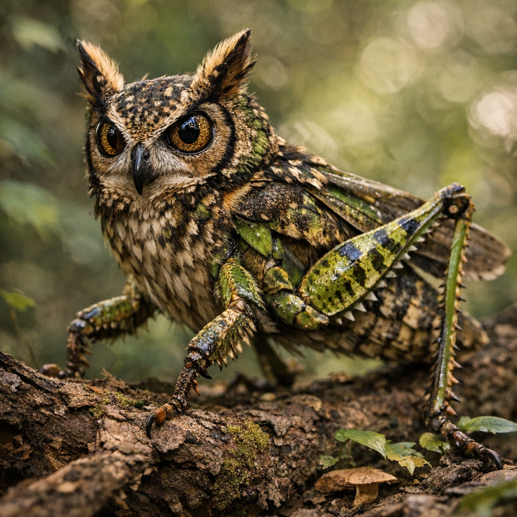 Grassowl, an AI-generated hybrid of Grasshopper and Owl