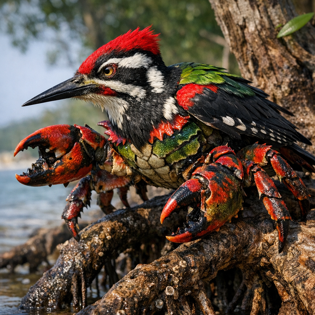 Woodcrabker, an AI-generated hybrid of Woodpecker and Crab