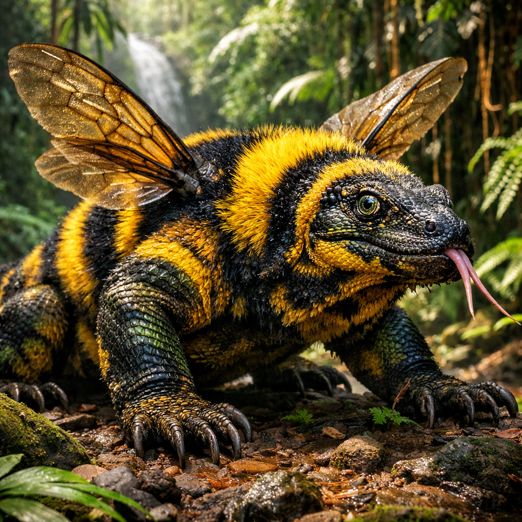 Kombee Dragon, an AI-generated hybrid of Komodo Dragon and Bumblebee
