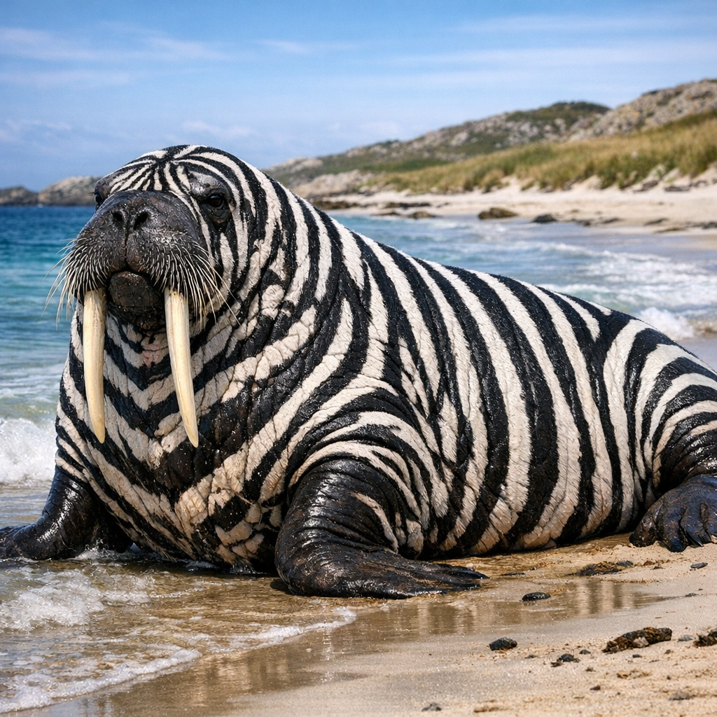 Zebralrus, an AI-generated hybrid of Walrus and Zebra