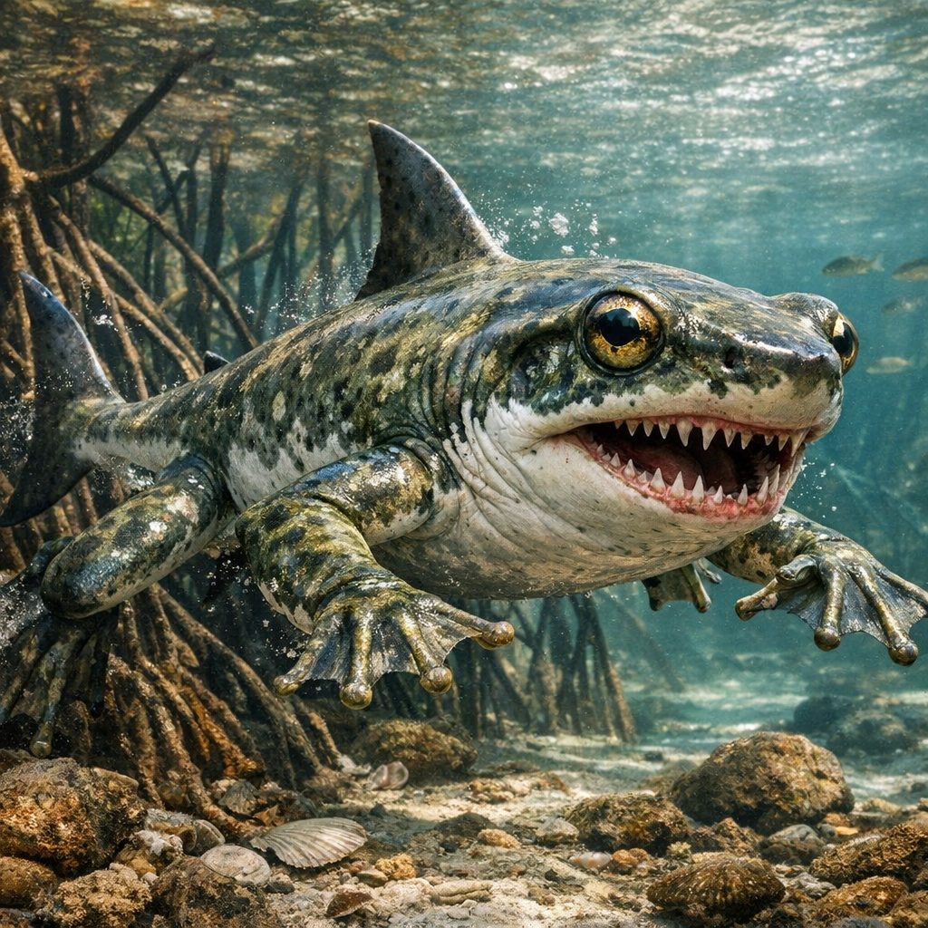 Sharkog, an AI-generated hybrid of great white shark and Frog