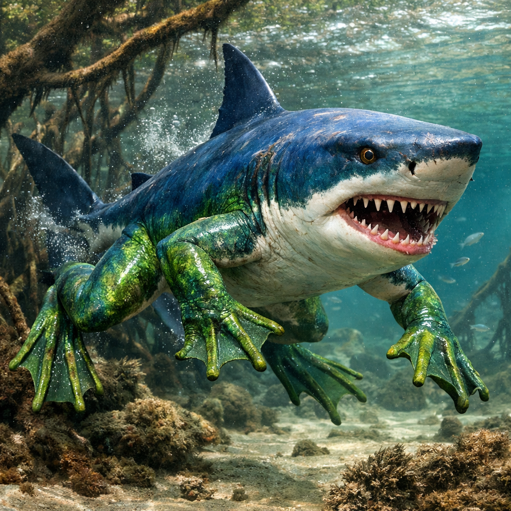 Sharkog, an AI-generated hybrid of great white shark and Frog