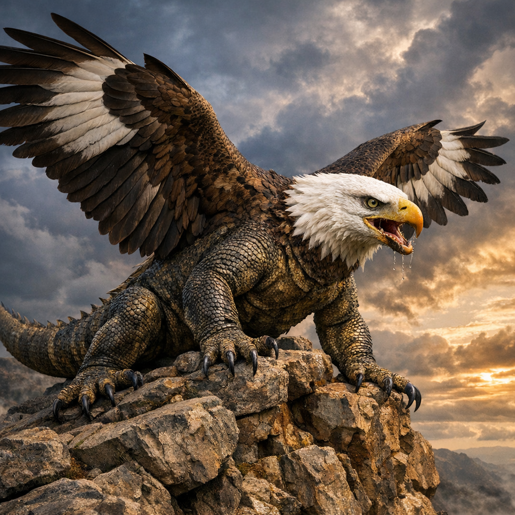 Aquila Komodonius, an AI-generated hybrid of Bald Eagle and Komodo Dragon