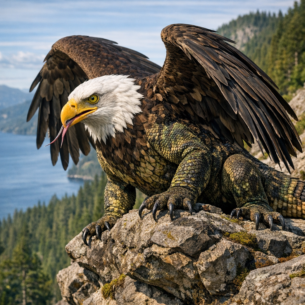 Aquilaurus, an AI-generated hybrid of Bald Eagle and Komodo Dragon