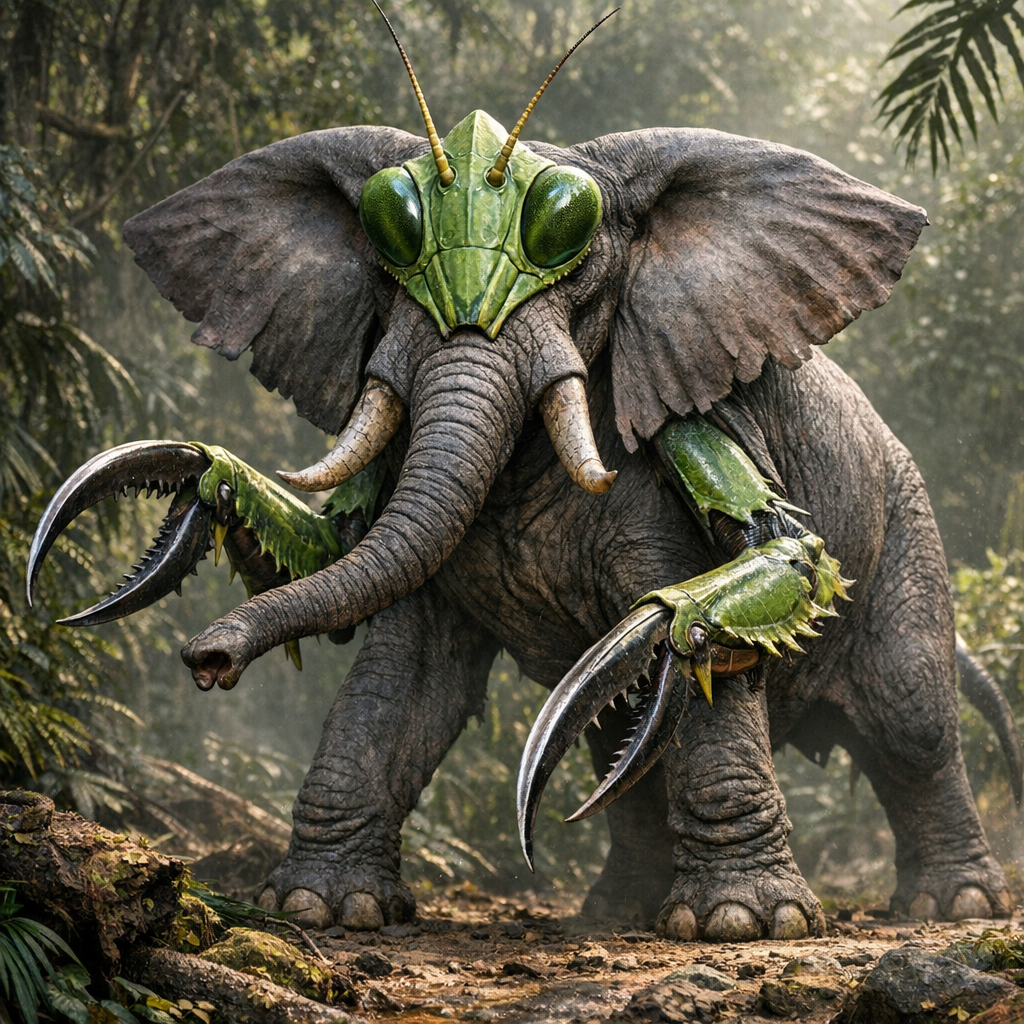Elephantis, an AI-generated hybrid of Elephant and Mantis