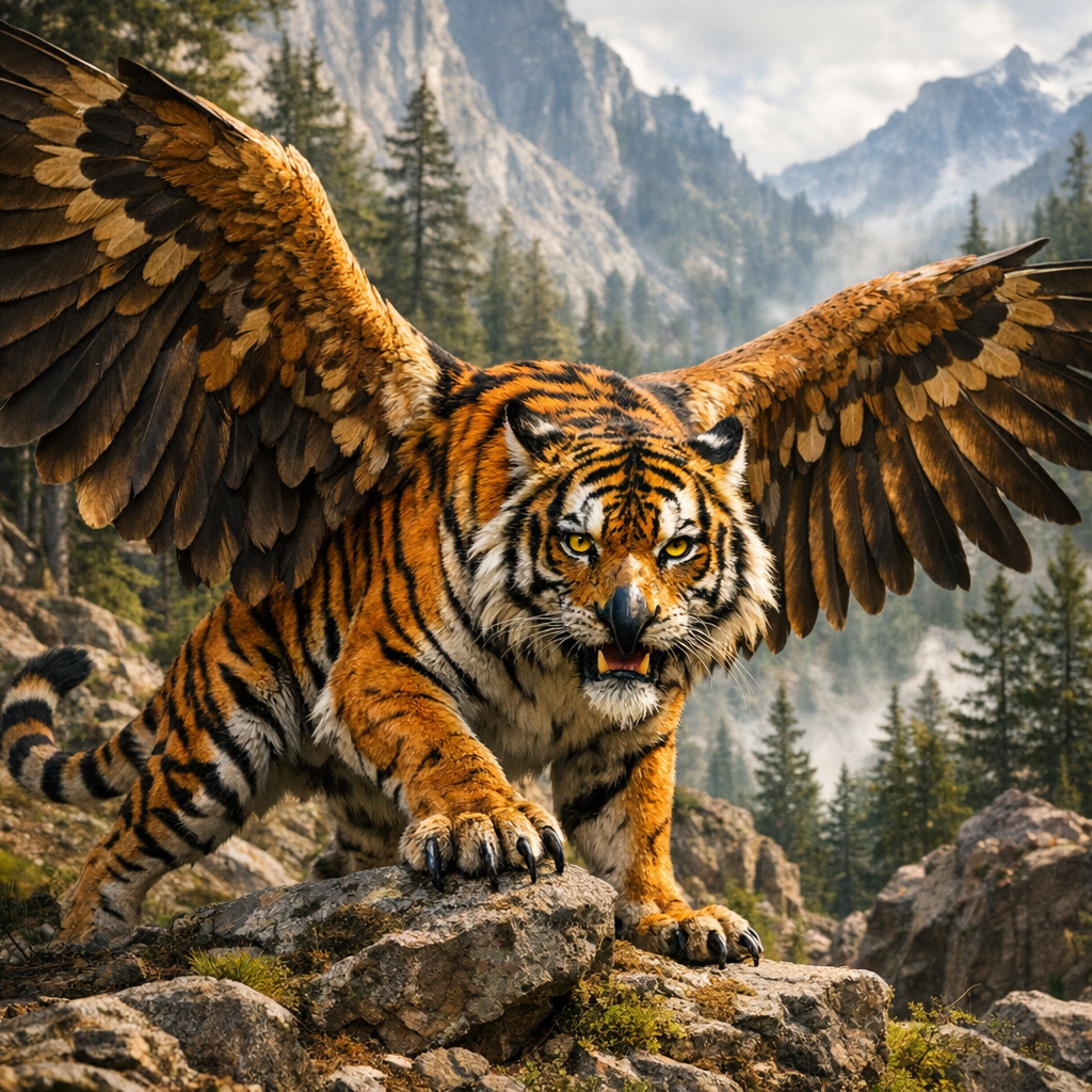 Tigleon, an AI-generated hybrid of Tiger and Eagle