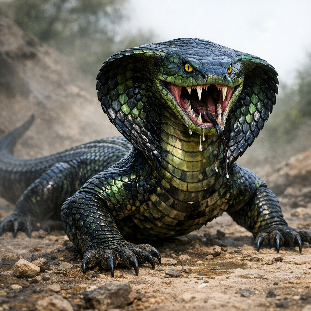 CobraDragon, an AI-generated hybrid of Cobra and Komodo Dragon