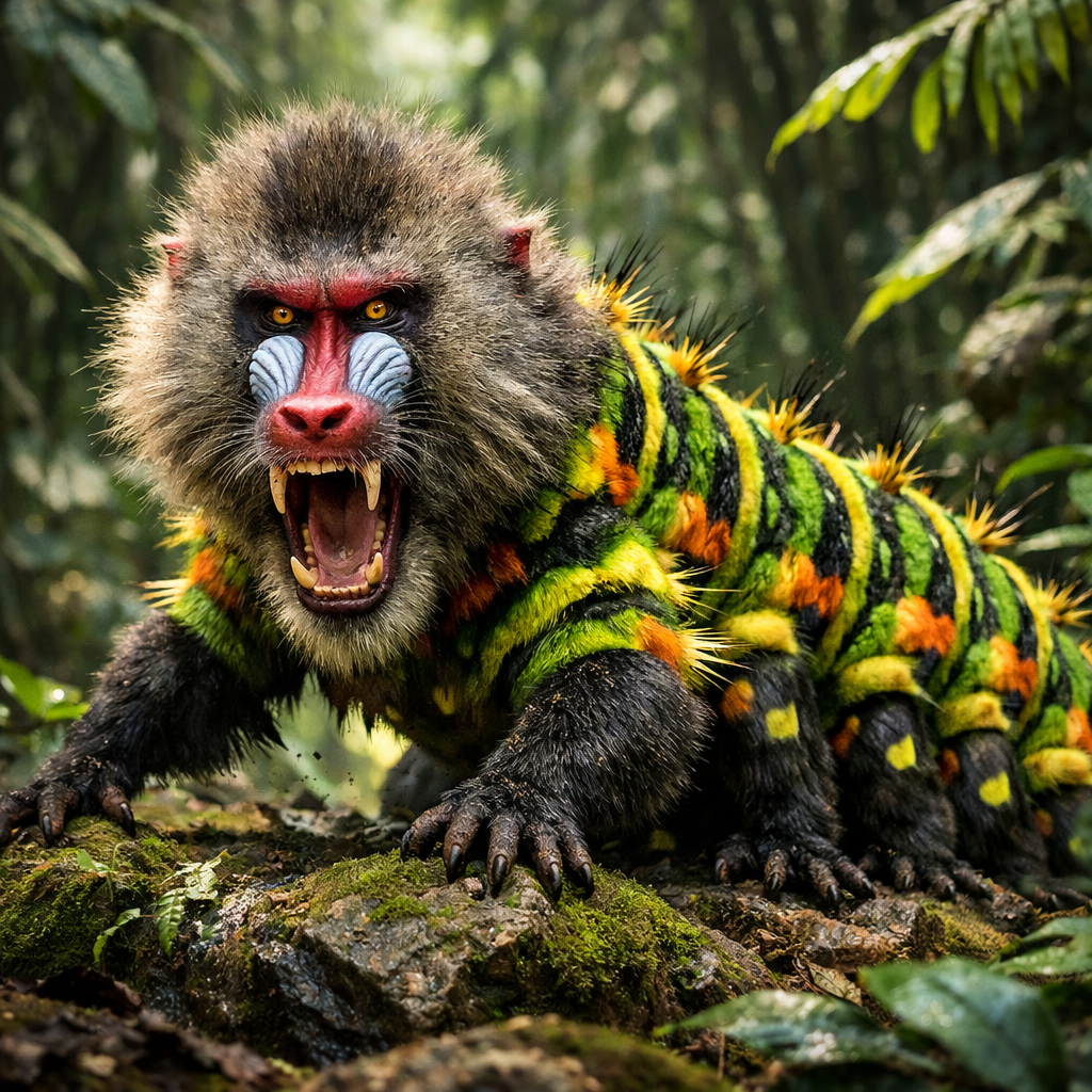 Babocater, an AI-generated hybrid of Baboon and Caterpillar