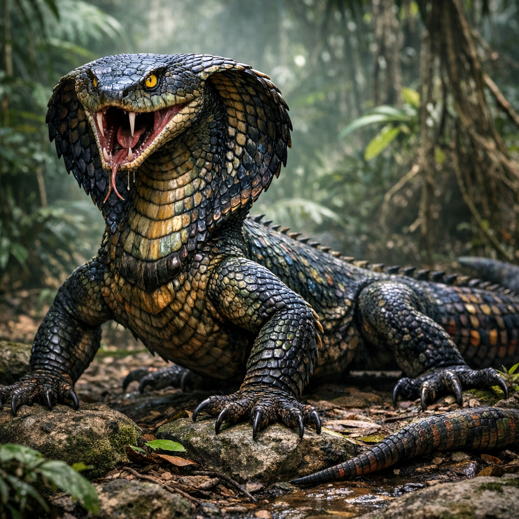 CobraDragon, an AI-generated hybrid of Cobra and Komodo Dragon