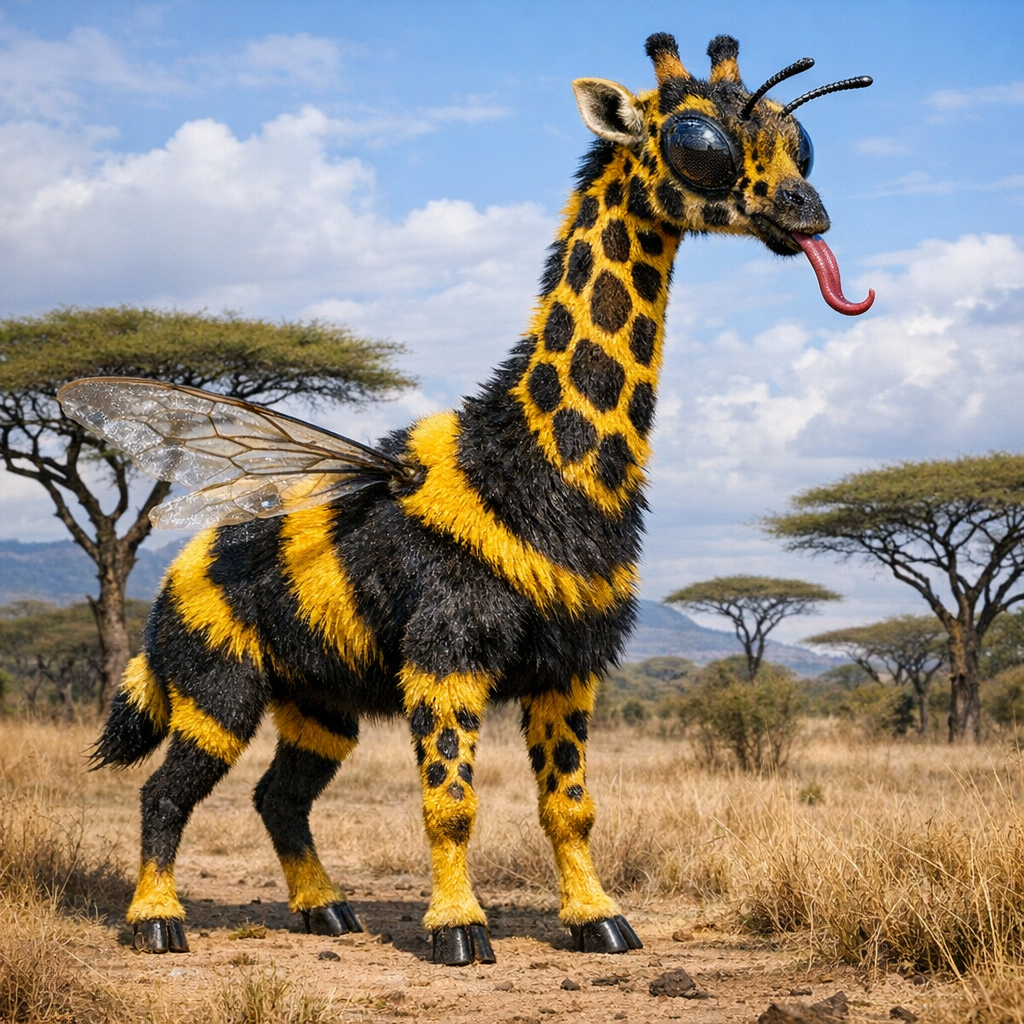 Bumblegiraffe, an AI-generated hybrid of Bumblebee and Giraffe