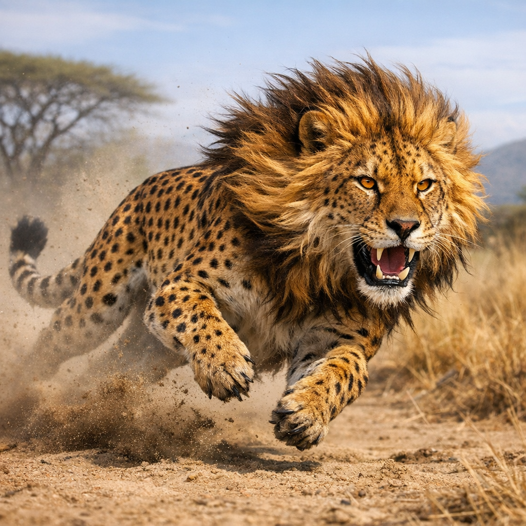 Chalion, an AI-generated hybrid of Cheetah and Lion