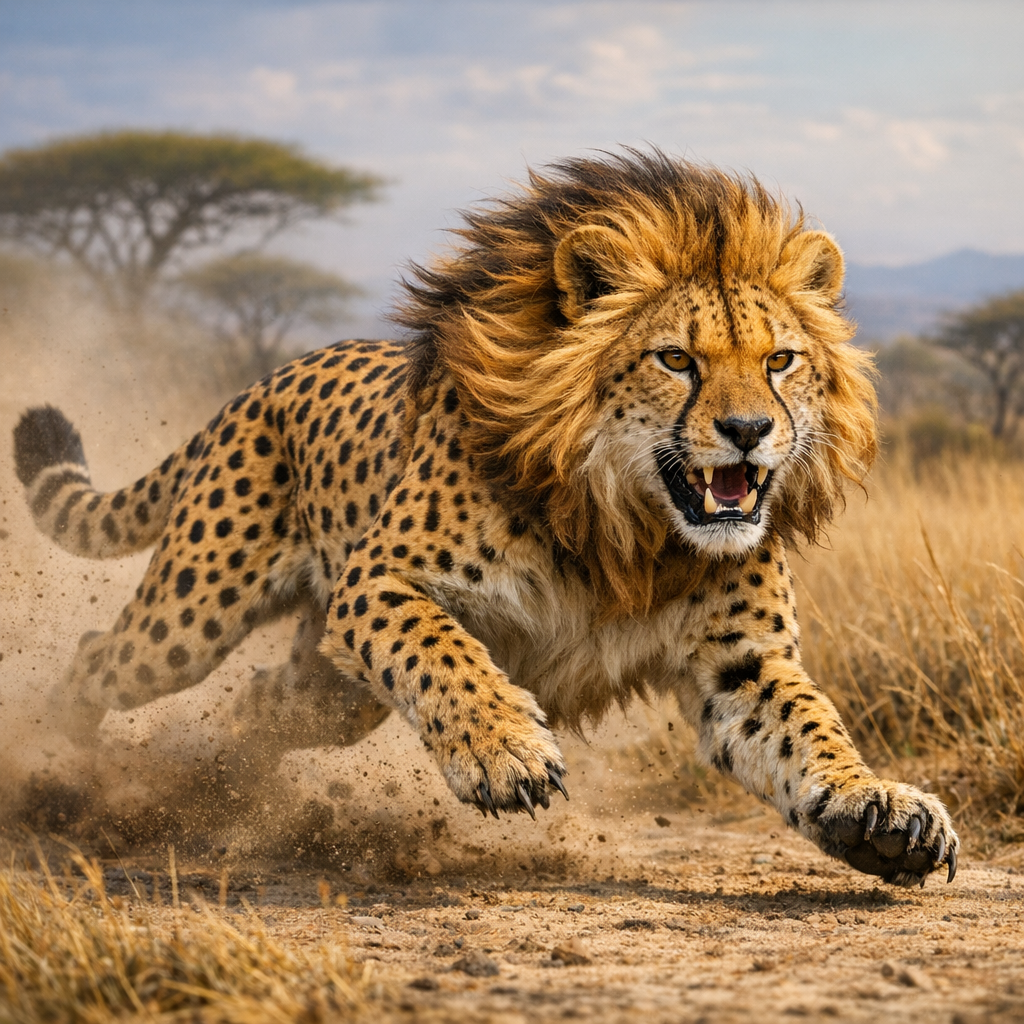 Cheetahion, an AI-generated hybrid of Cheetah and Lion