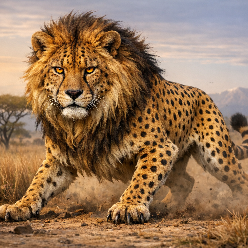 Cheetahion, an AI-generated hybrid of Cheetah and Lion
