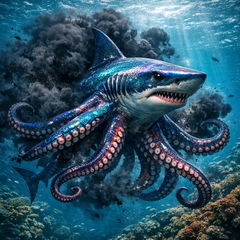Octoshark, an AI-generated hybrid of Octopus and Shark