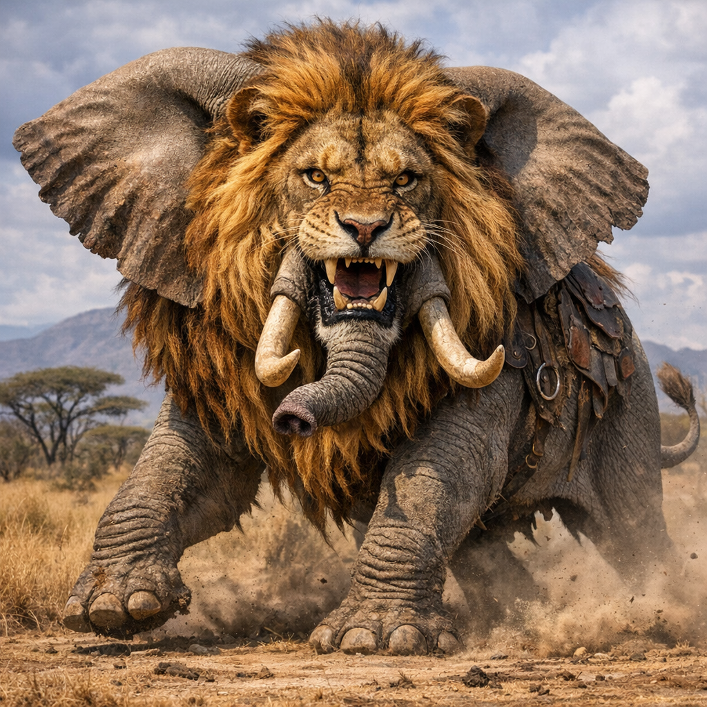 Elephlion, an AI-generated hybrid of Elephant and Lion