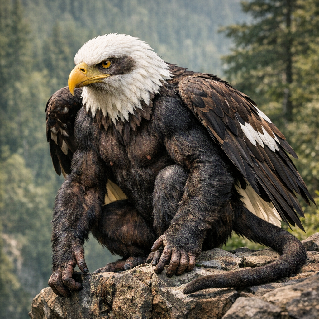 Chimpeagle, an AI-generated hybrid of Chimpanzee and Bald Eagle