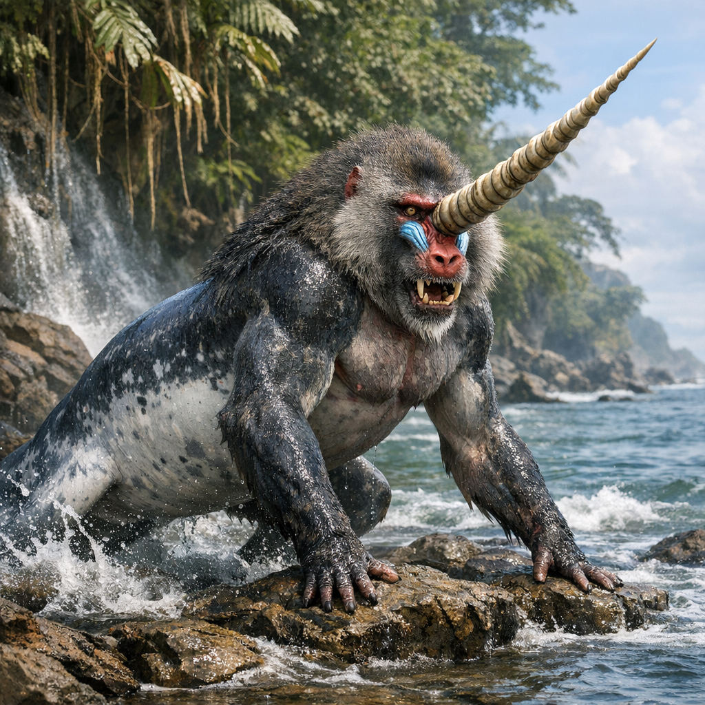 Babwhal, an AI-generated hybrid of Baboon and Narwhal