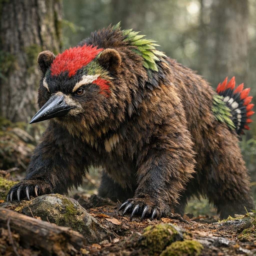 Woodbear, an AI-generated hybrid of Woodpecker and Bear