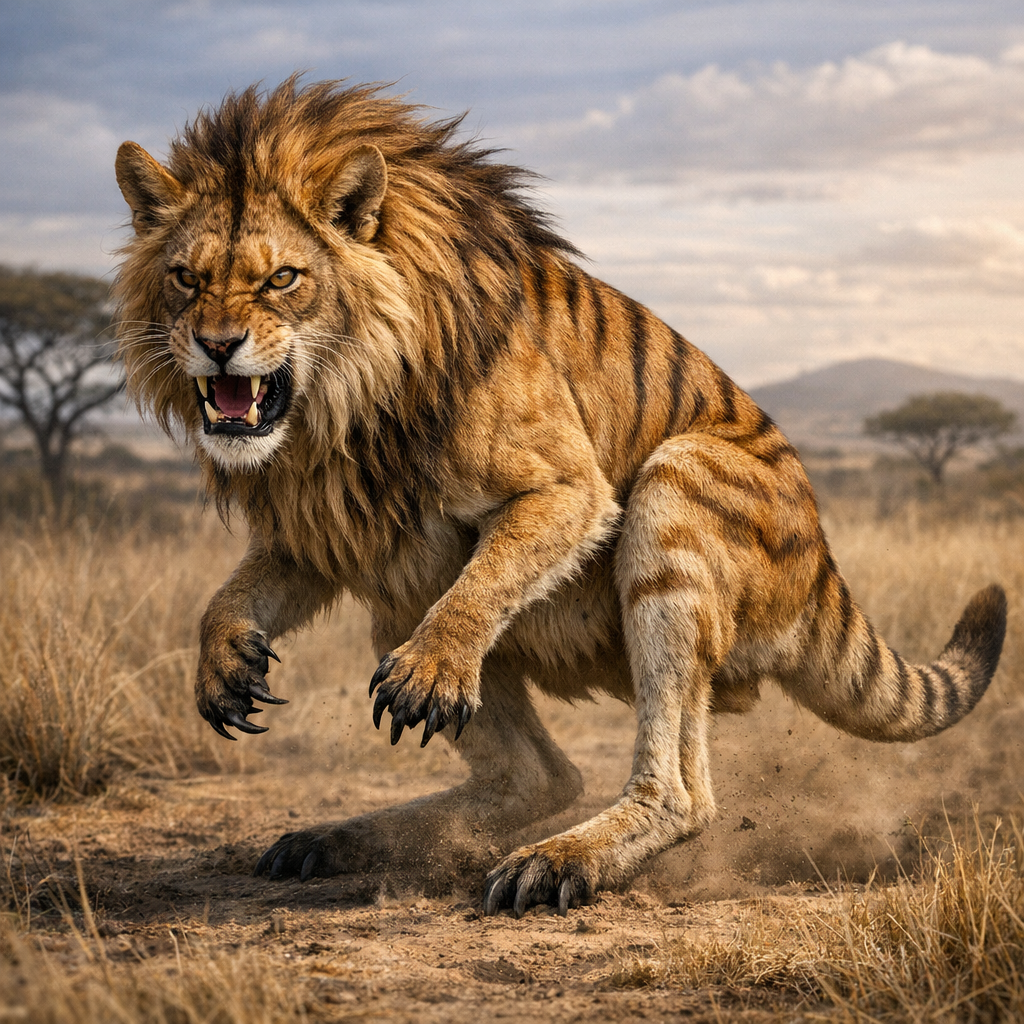 Lwallion, an AI-generated hybrid of Wallaby and Lion