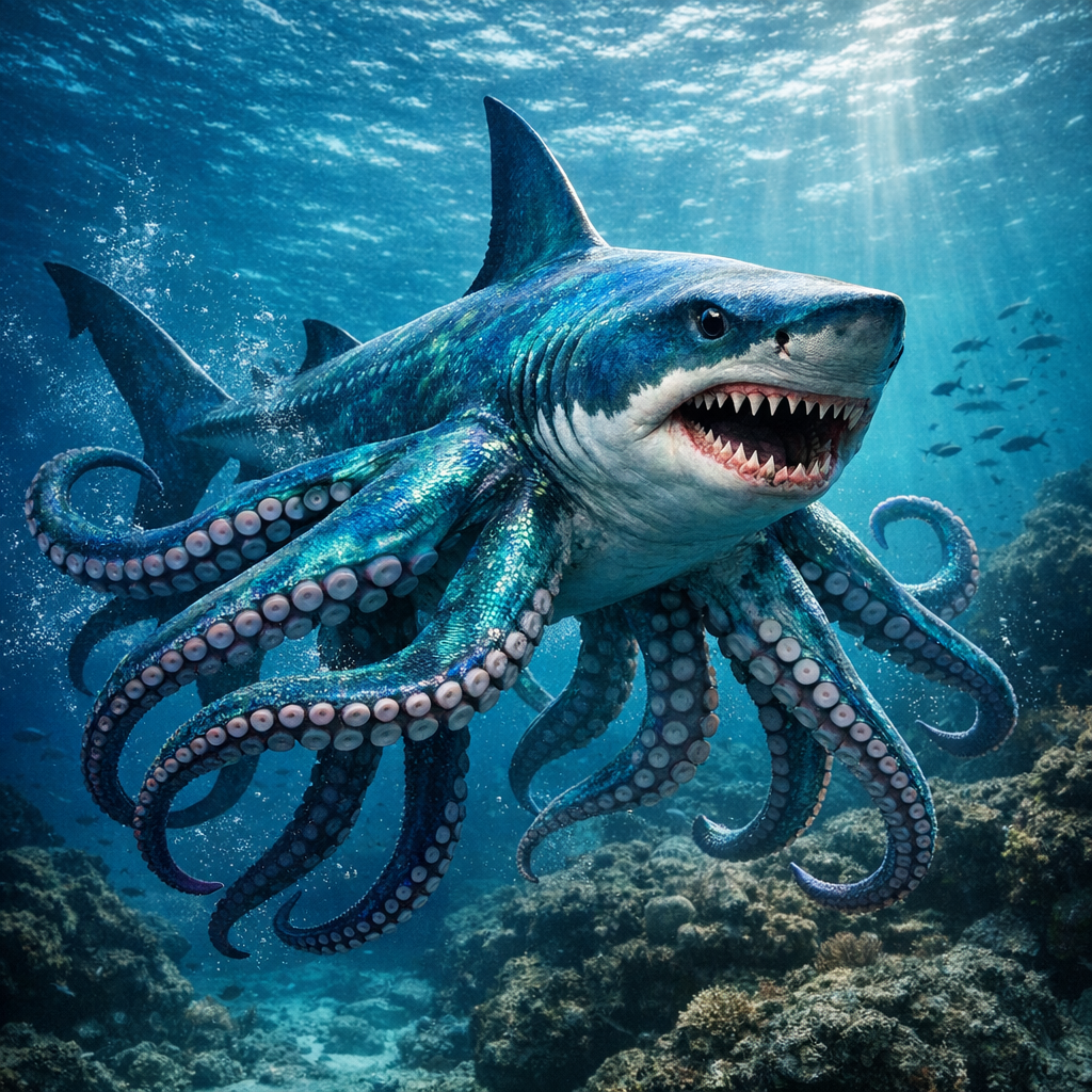 Octoshark, an AI-generated hybrid of Octopus and Shark