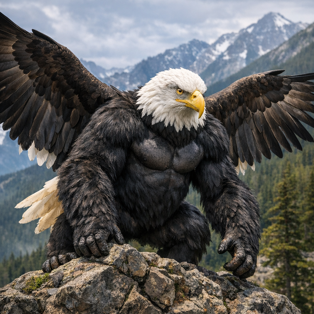 Gorilleagle, an AI-generated hybrid of Gorilla and Bald Eagle