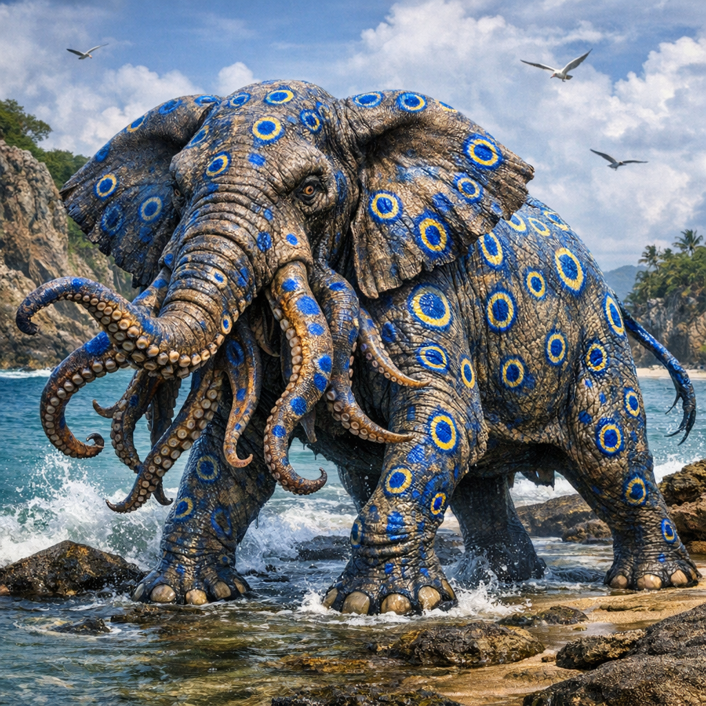Elephoctopus, an AI-generated hybrid of Elephant and blue ring octopus