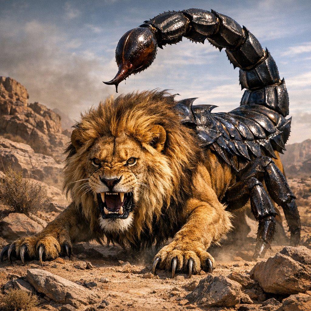 Lionscorpion, an AI-generated hybrid of Lion and Scorpion