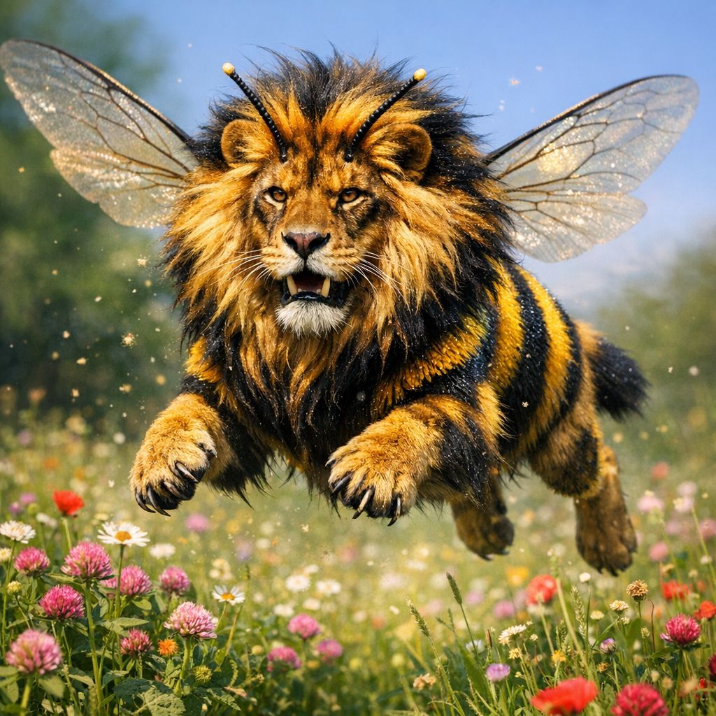 Bumblion, an AI-generated hybrid of Bumblebee and Lion