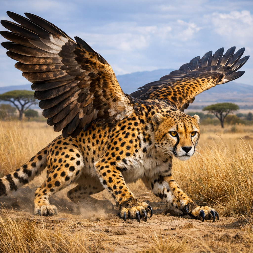 Cheetahgle, an AI-generated hybrid of Cheetah and Eagle