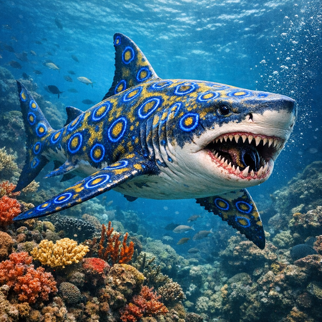 Octoshark, an AI-generated hybrid of blue ring octopus and great white shark