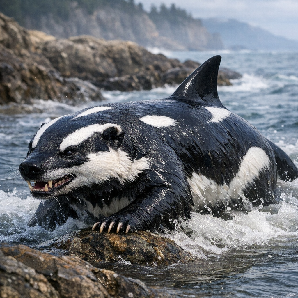 Orcabager, an AI-generated hybrid of Badger and orca