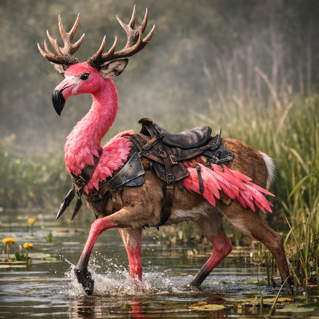 Flamedeer, an AI-generated hybrid of Flamingo and Deer