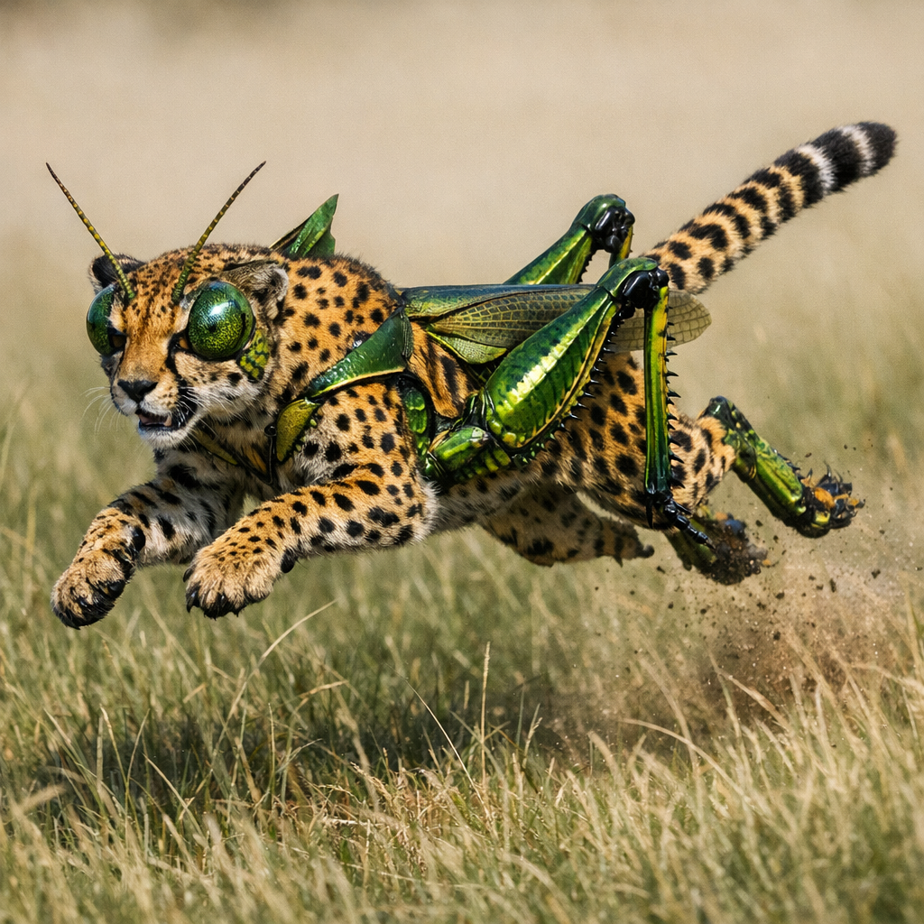 Cheetahopper, an AI-generated hybrid of Cheetah and Grasshopper