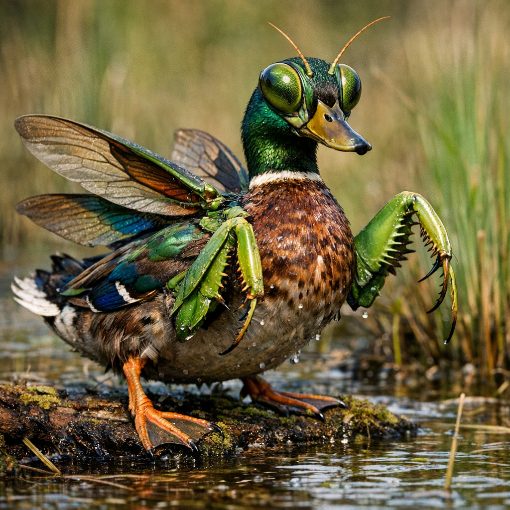 Duckmantis, an AI-generated hybrid of Duck and Mantis