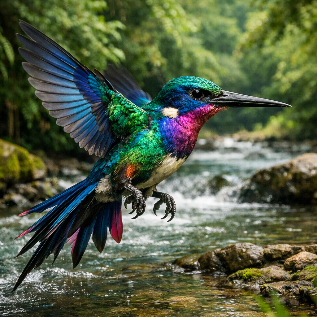 Hummkingfisher, an AI-generated hybrid of Hummingbird and Kingfisher