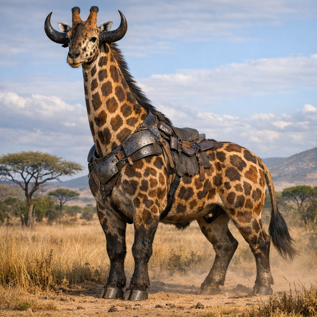 Giraffox, an AI-generated hybrid of Giraffe and Ox