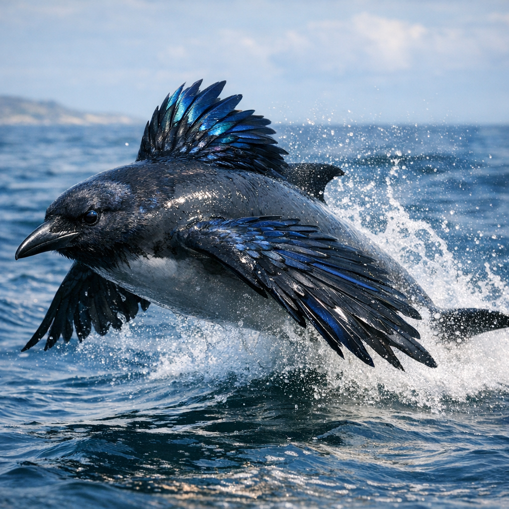Crovphin, an AI-generated hybrid of Crow and Dolphin