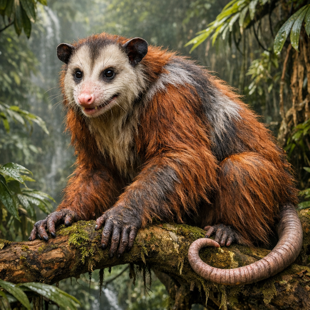 Oropossum, an AI-generated hybrid of Opossum and Orangutan